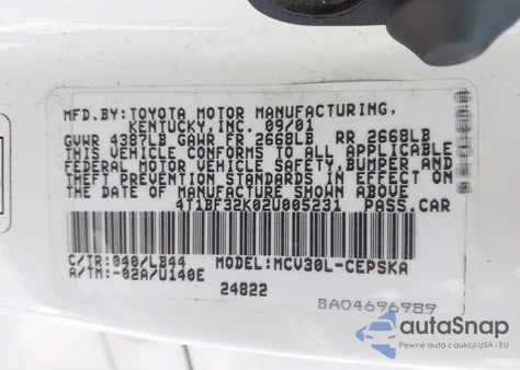 2002 Toyota Camry Se V6 z USA, uszkodzony, nr VIN 4T1BF32K02U005231